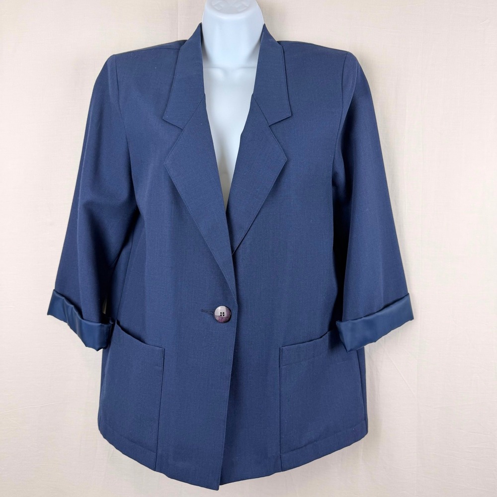 Sag Harbor Petite Navy Blue Single Button Blazer Jacket 3/4 Sleeve Size 10P